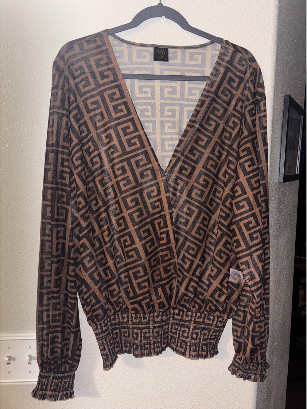 2 Hearts Sheer Mesh Wrap Top 3X Brown Geometric Greek Key Smocked Blouse